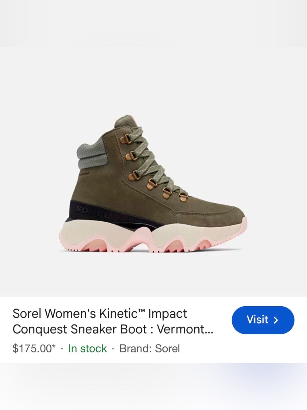 Sorel Lace-Up Kinetic Impact Boot in Olive and Pink